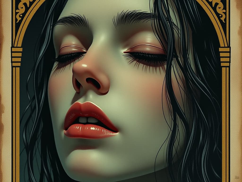  close up of a tranquil face, eyes closed, illuminated by gentle light, serene expression, listening, contemplation. an illustration in the style of a worn, mystical old tarot trump card, mysterious and elements of surrealism. the colors are muted, somber and eerie, but with contrast bring out an occult and esoteric vibe.