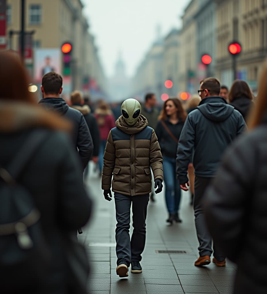  a typical bustling city scene in berlin with an alien amidst people trying to hide and blend in. amateur shot.