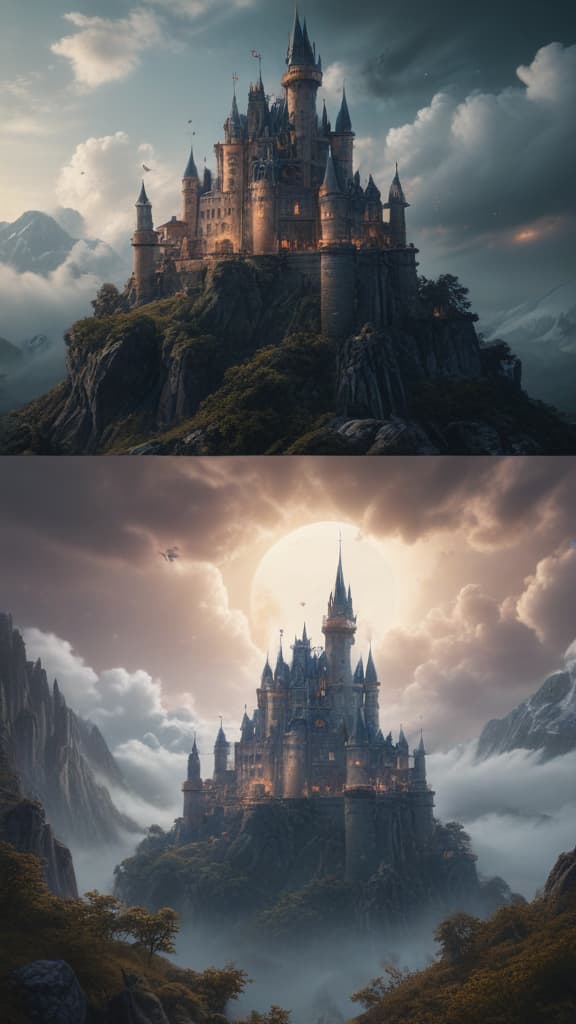 ((masterpiece)),(((best quality))), 8k, high detailed, ultra detailed, an enchanted castle in the clouds, flying dragons, unicorns, (magic portals), (sparkling starlight) hyperrealistic, full body, detailed clothing, highly detailed, cinematic lighting, stunningly beautiful, intricate, sharp focus, f/1. 8, 85mm, (centered image composition), (professionally color graded), ((bright soft diffused light)), volumetric fog, trending on instagram, trending on tumblr, HDR 4K, 8K