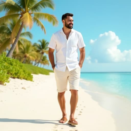  create an image with the following specifications: main subject: description: a relaxed groom wearing a crisp white linen shirt, light beige chino shorts, and brown leather sandals. style: casual summer wedding attire. setting: location: beachside wedding venue with palm trees in the background. composition: framing: full body shot, slightly off center. style: art movement: contemporary realism. technique: high key photography. atmosphere: mood: relaxed, breezy, and joyful. color palette: dominant colors: white, beige, brown, green, blue. mood: light and airy. details: foreground: soft sand with footprints leading to the groom. background: clear blue sky with fluffy white clouds. technical specs: aspect ratio: 4:3. negative prompt: hyperrealistic, full body, detailed clothing, highly detailed, cinematic lighting, stunningly beautiful, intricate, sharp focus, f/1. 8, 85mm, (centered image composition), (professionally color graded), ((bright soft diffused light)), volumetric fog, trending on instagram, trending on tumblr, HDR 4K, 8K