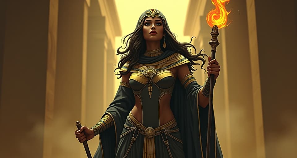  an ancient priestess, large busted, form fitting sacred attire, holding a staff, air of mystery. the style is digital art illustration / modern comic book / mysterious occult, symbolic, esoteric vibe,high detail on character design, incorporating ancient egyptian symbology and attire.