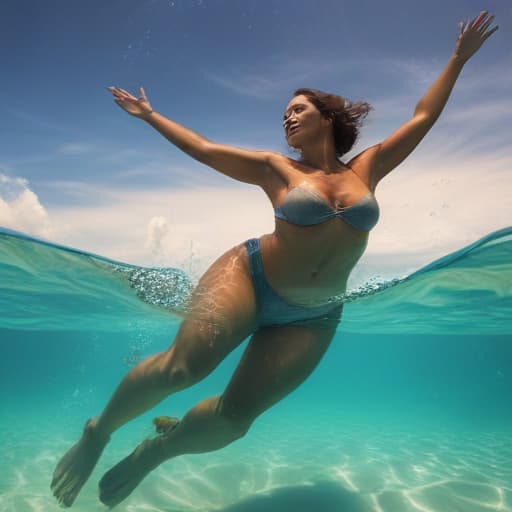 tanned woman with giant and heavy booty drowning underwater. she wave her arms very hard. She paddles hard with her feet