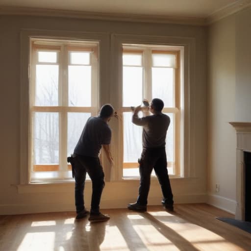 A photo of a team of workers installing a large window in a cozy, sunlit living room during early morning. The warm rays of sunlight stream through the window, casting long shadows on the wooden floor, illuminating the workers' focused expressions as they carefully position the window into place. Capture the blend of determination and precision in their movements against the tranquil ambiance of the room awakening to the day.