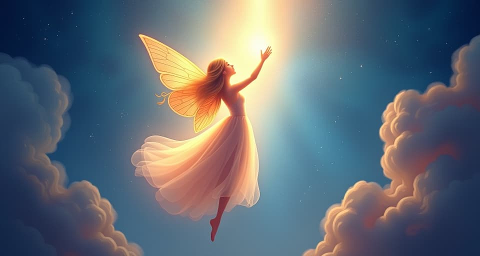  a luminous fairy with a glowing gown, flying upward towards a bright, celestial event. the radiant light symbolizes truth and guidance in her journey.. the style is digital art illustration,highly detailed, whimsical,magical, dreamlike atmosphere, realism and fantasy blend, smooth, glossy textures,luminous quality, wonder and enchantment.