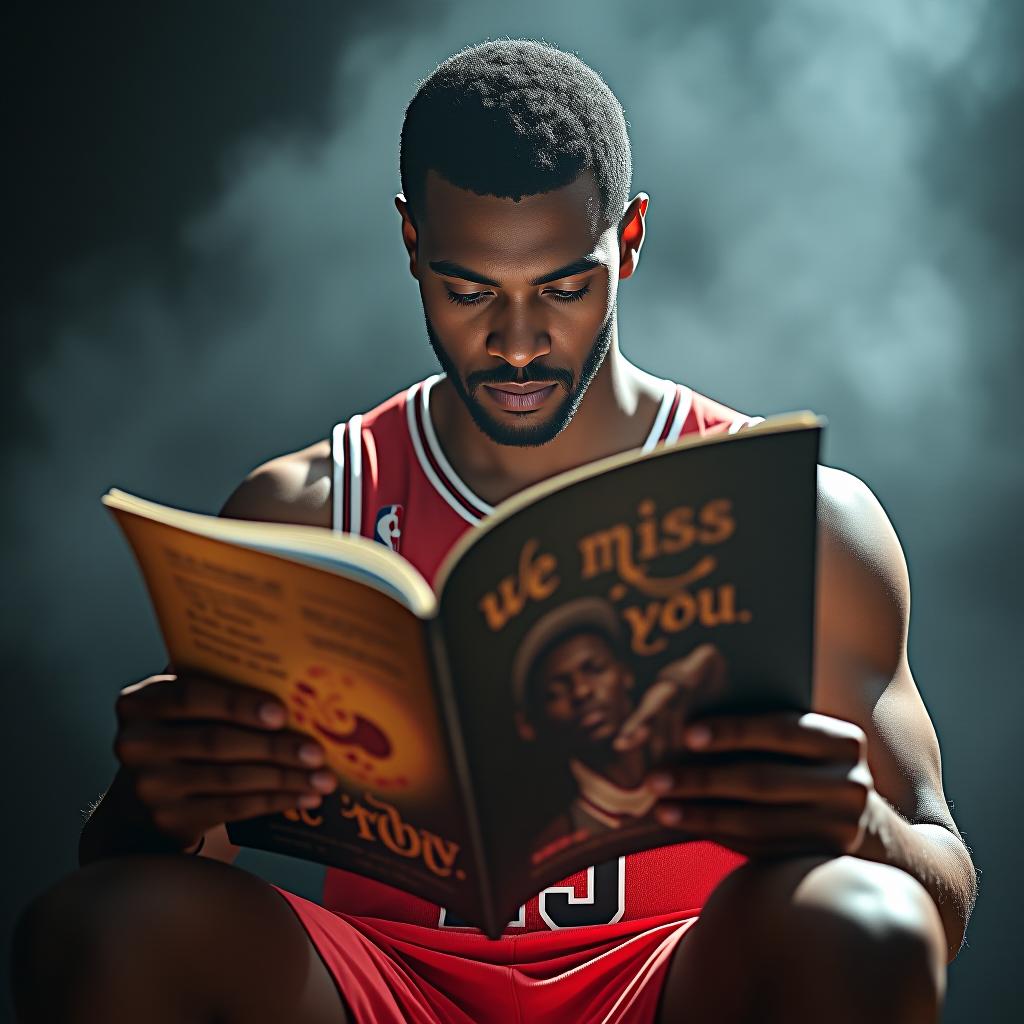  a basketball player reading a magazine, where the magazine has 'we miss you toby' hyperrealistic, full body, detailed clothing, highly detailed, cinematic lighting, stunningly beautiful, intricate, sharp focus, f/1. 8, 85mm, (centered image composition), (professionally color graded), ((bright soft diffused light)), volumetric fog, trending on instagram, trending on tumblr, HDR 4K, 8K