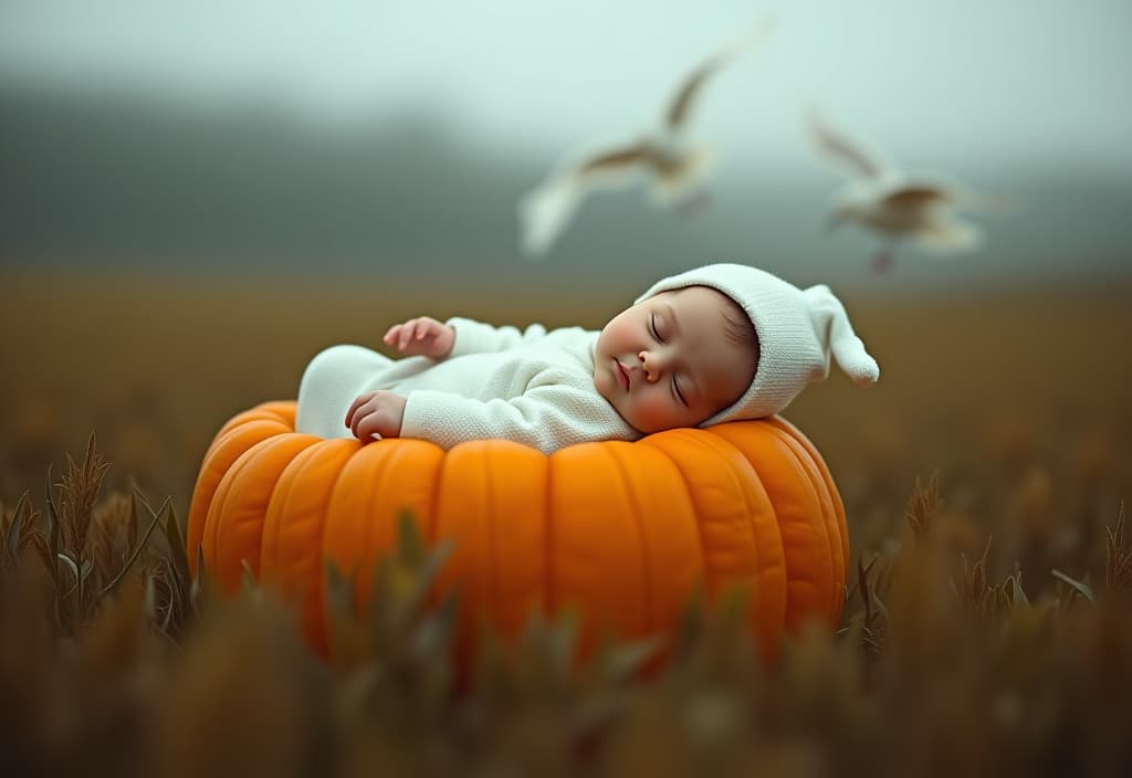  hyperrealistic art the baby's in a white pajama with a bunkie on his head sleeping in a pumpkin in a field. it's raining. birds fly around. . extremely high resolution details, photographic, realism pushed to extreme, fine texture, incredibly lifelike hyperrealistic, full body, detailed clothing, highly detailed, cinematic lighting, stunningly beautiful, intricate, sharp focus, f/1. 8, 85mm, (centered image composition), (professionally color graded), ((bright soft diffused light)), volumetric fog, trending on instagram, trending on tumblr, HDR 4K, 8K