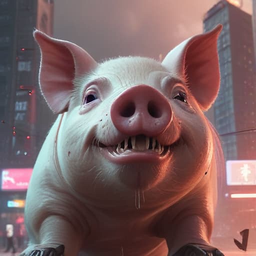 Show A close fist from a human punching and breaking the snout of a pig in Cyberpunk style with City background