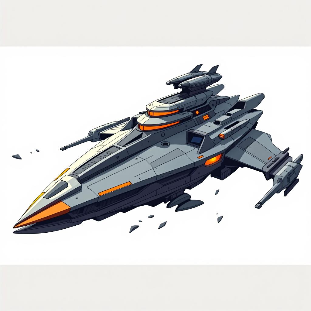  white background. a side view of a hyper realistic spaceship designed with a sleek, futuristic aesthetic. the spaceship has a pointed, cone shaped front with glowing orange accents and illuminated slits that suggest energy or propulsion. the body of the ship is detailed with sharp, angular features, multiple layered sections, and small, glowing elements. the ship is equipped with various thrusters, antennas, and weaponry, giving it a dangerous, battle ready appearance. the design combines both smooth and complex geometric shapes, with floating fragments around the main body, enhancing its dynamic and otherworldly presence. the overall style is a blend of cartoon and disney aesthetics, with clean lines, vibrant colors, and high detail.