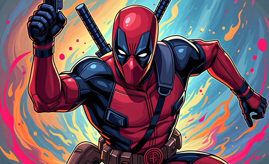  a dynamic, high energy portrait of deadpool, rendered in the style of a flux comic. show him mid pose, surrounded by a vibrant swirl of colors and motion lines, emphasizing his chaotic energy and irreverent humor. capture the distinct texture of flux art, with bold lines and vibrant colors. ensure deadpool's trademark costume, weapons, and mask are clearly visible. the overall mood should be energetic, humorous, and slightly surreal.hyper detail, intricate details, sharp focus, high resolution, 8k, ultra detailed, vib