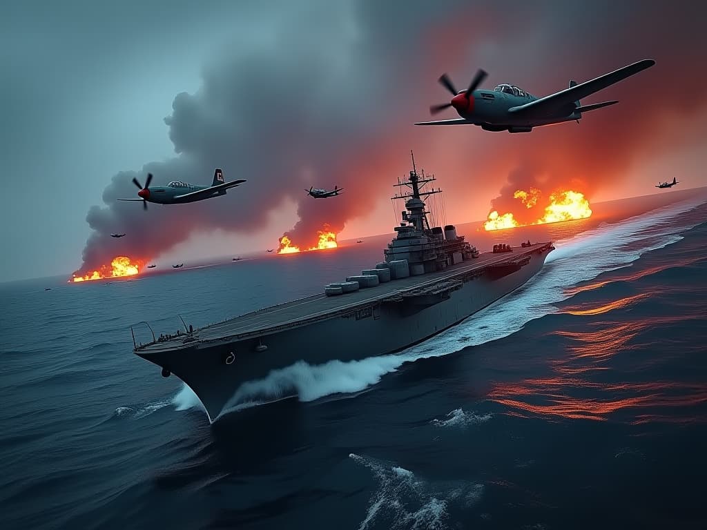  an intense naval battle depiction highlighting the sinking of japanese aircraft carriers taika and shokaku during the battle of the philippine sea. visualize torpedoes striking the carriers, explosions, and chaos in the ocean, with american avenger torpedo bombers soaring overhead. the background showcases a vivid naval warfare landscape, with dark clouds and smoke, capturing the essence of maritime conflict in the pacific during world war ii. hyperrealistic, full body, detailed clothing, highly detailed, cinematic lighting, stunningly beautiful, intricate, sharp focus, f/1. 8, 85mm, (centered image composition), (professionally color graded), ((bright soft diffused light)), volumetric fog, trending on instagram, trending on tumblr, HDR 4K, 8K