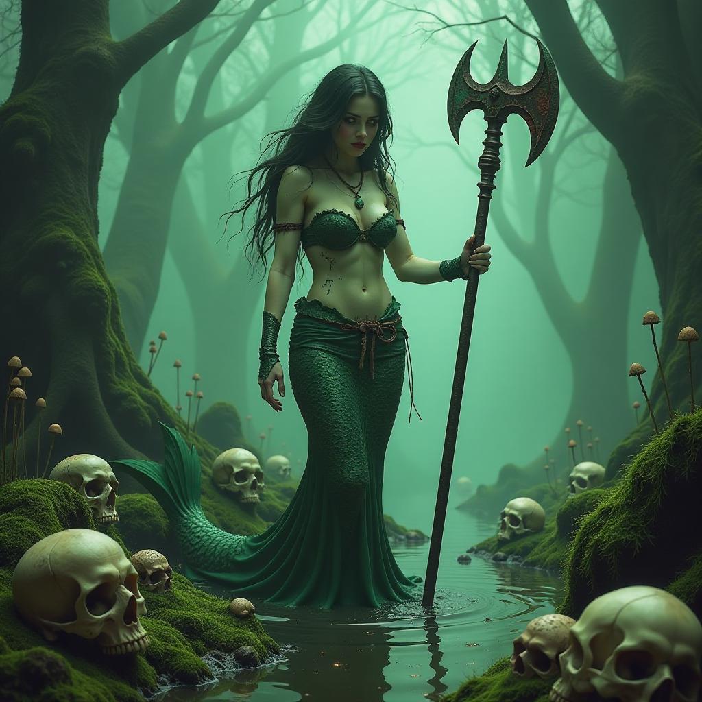  macabre style a mermaid with a rusty old halberd in her hands, with a swamp with bones, skulls, algae, mushrooms, mud, green fog, looks evilly . dark, gothic, grim, haunting, highly detailed