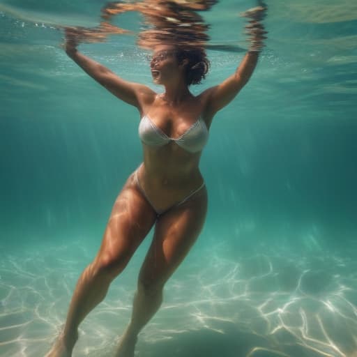 tanned woman with giant booty and short hair drowning underwater in full growth. she wave her arms. her legs are beautiful