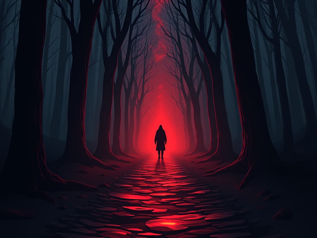  pathway lit by faint, sparkling lights, breadcrumb trail leading through dark forest. the style is digital art illustration / modern comic book / graphic dark novel fantasy and mysterious occult, symbolic, moody lighting, esoteric vibe,high detail on character design. for the color scheme emphasize blacks and reds.