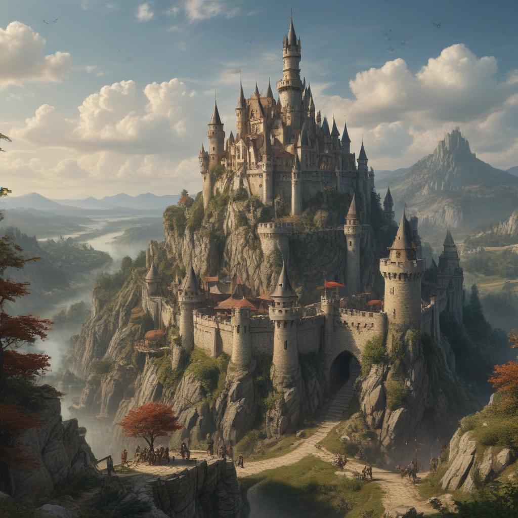 A scene from a fantasy world with castles, dragons, and knights.