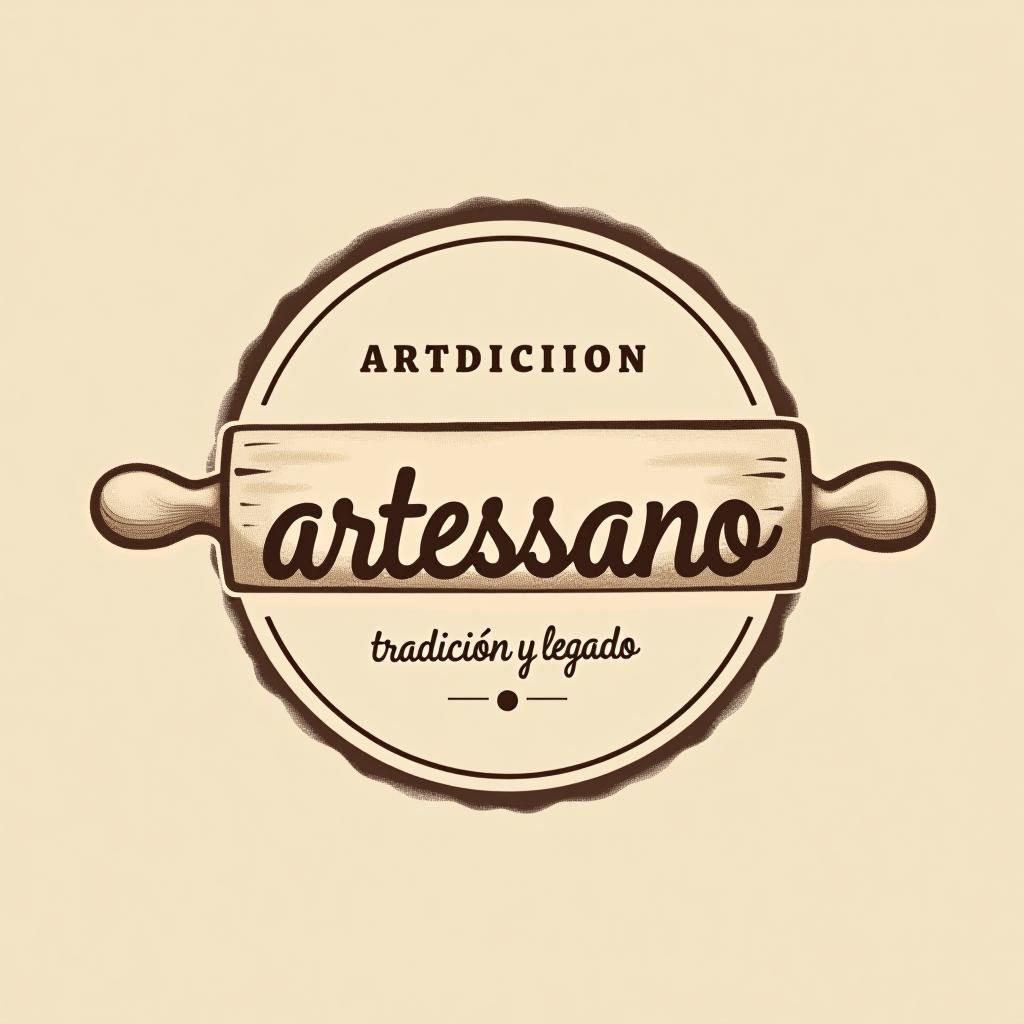  design a logo, in a pencil style. simple and elegant design circular design light and brown tones use a rolling pin image put the word “artessano” inside the image of the rolling pin, with the text 'tradición y legado'.