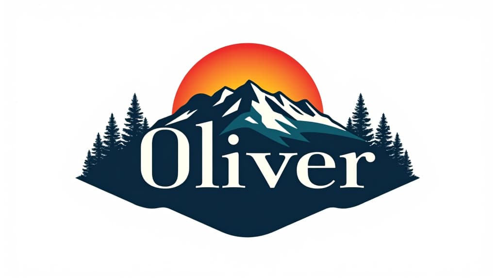  design a logo, custom sticker design on an isolated white background with the bold words ‘oliver’ with a backdrop of a mountain range, and silhouettes of pine trees at sunset