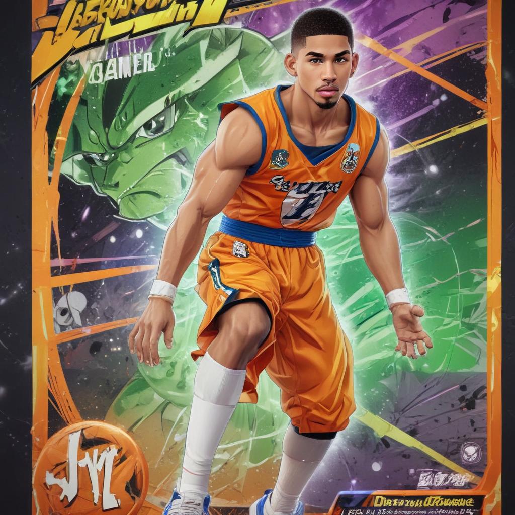 distance-shot, flashy, full-body, dynamic, holographic, animated cartoon poster of jayson tatum in the style of dragon ball super