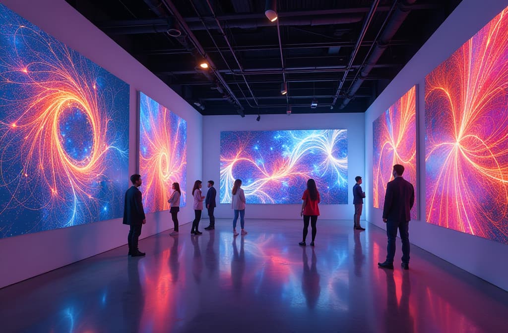  "create a vibrant scene in a futuristic digital art gallery, showcasing a diverse array of abstract artworks generated by artificial intelligence. the gallery is filled with colorful, dynamic patterns and shapes that evoke emotions, with visitors admiring the unique pieces. the walls are equipped with interactive screens displaying the ai processes behind the creations, and soft ambient lighting enhances the innovative atmosphere." hyperrealistic, full body, detailed clothing, highly detailed, cinematic lighting, stunningly beautiful, intricate, sharp focus, f/1. 8, 85mm, (centered image composition), (professionally color graded), ((bright soft diffused light)), volumetric fog, trending on instagram, trending on tumblr, HDR 4K, 8K