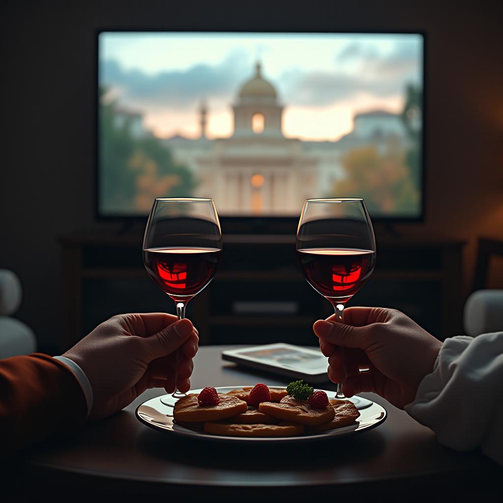  2 glasses of wine and food against the backdrop of watching television. hyperrealistic, full body, detailed clothing, highly detailed, cinematic lighting, stunningly beautiful, intricate, sharp focus, f/1. 8, 85mm, (centered image composition), (professionally color graded), ((bright soft diffused light)), volumetric fog, trending on instagram, trending on tumblr, HDR 4K, 8K