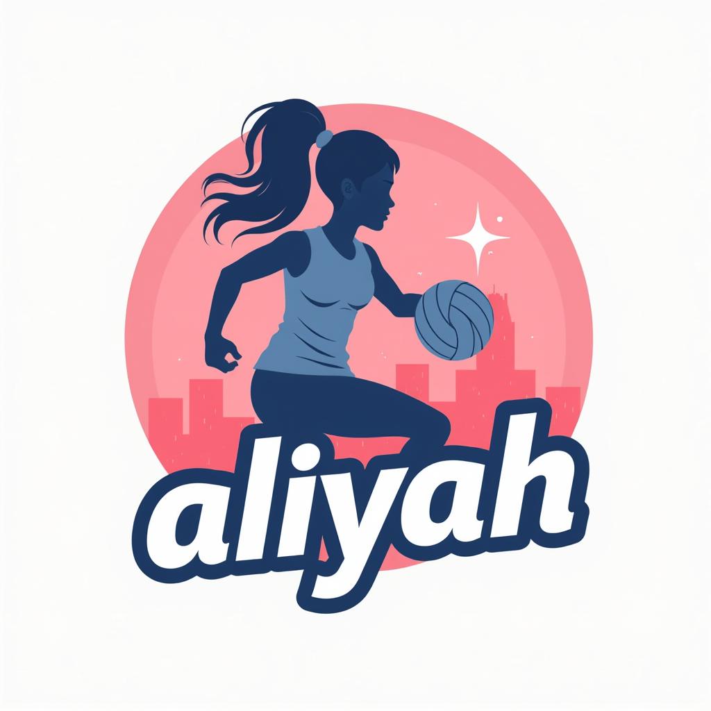  design a logo, logotipo minimalista en el tema de jugadora de volley ball atacando la red con el texto ‘aliyah’ colores blanco, rosa claro y azul marino . silueta de mujer adolescente con cabello ondulado