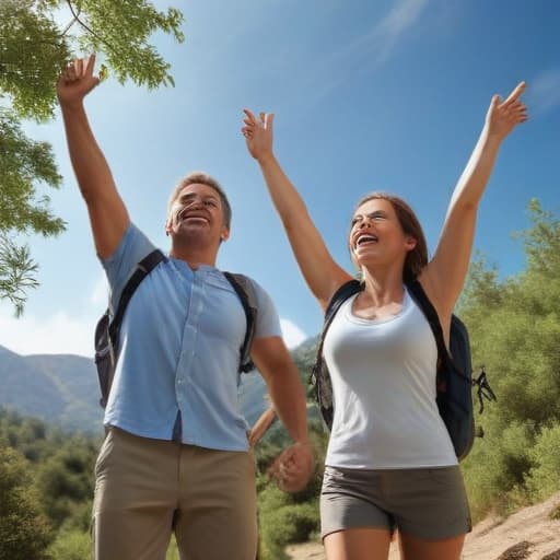 A photorealistic image of a healthy smiling man and woman with their arms up in excitement hiking in a beautiful serene area with a deep blue sky and greenery