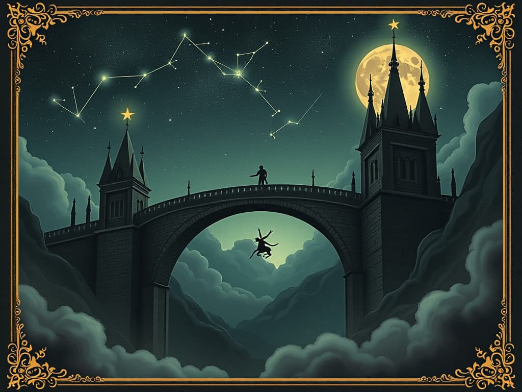  night sky with strange, glowing constellations forming shapes of bridges, architectures that seem almost alive, foreboding atmosphere, sense of danger. an illustration in the style of a worn, mystical old tarot trump card, mysterious and elements of surrealism. the colors are muted, somber and eerie, but with contrast bring out an occult and esoteric vibe.