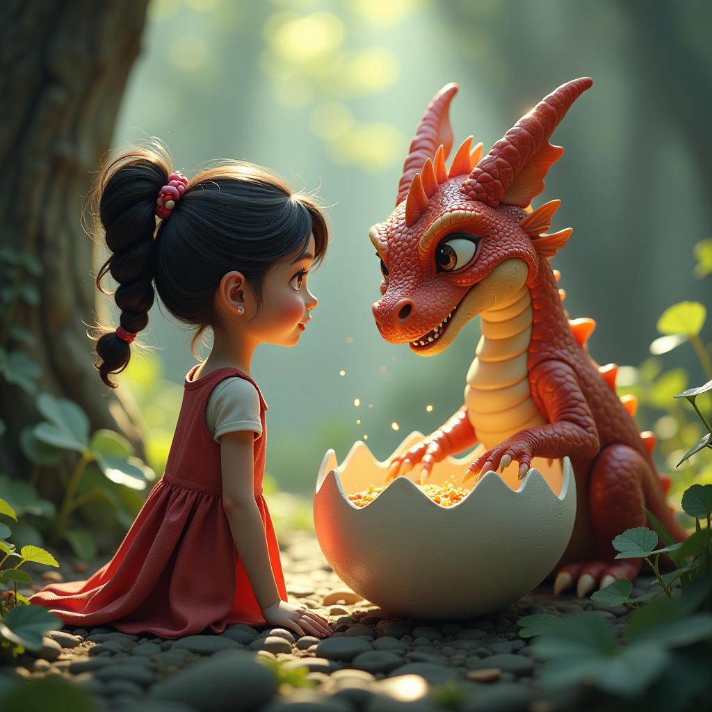  girl looking at bay dragon in egg. in 3d, disney cartoon style