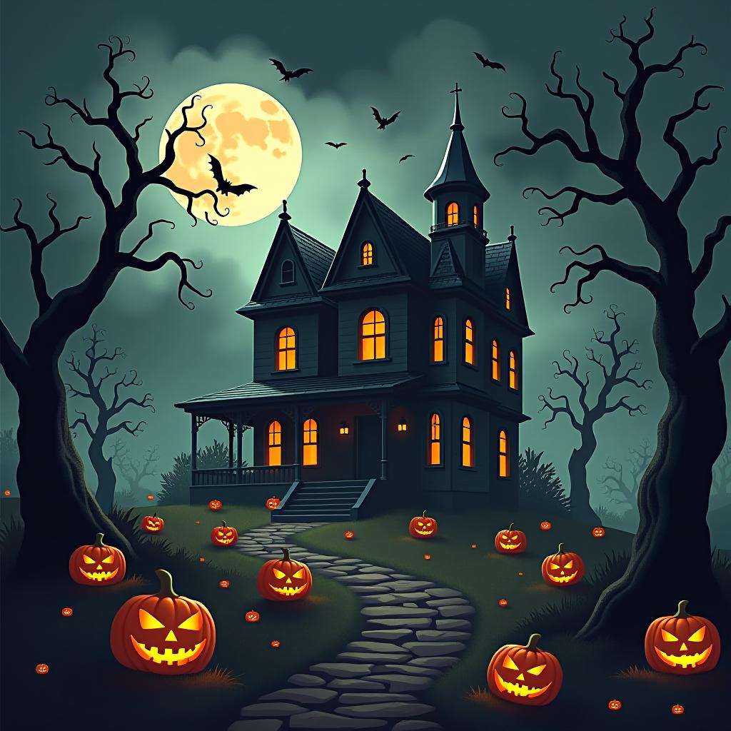  create a seamless digital painting of a spooky, halloween themed scene featuring a haunted house with gothic architecture. the house should be surrounded by twisted, gnarled trees and a multitude of jack o' lanterns. the scene should include a dark, cloudy sky to enhance the eerie atmosphere. the overall style should be detailed and atmospheric, capturing the essence of a haunted, creepy environment perfect for halloween, ensuring the design is seamless for use in repeating patterns or wraps.