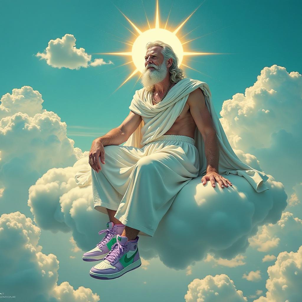  renaissance style a surreal digital composition, an advertising poster. (an attractive inscription at the bottom: "artgeneration.me":1.6). the majestic, contented ancient greek god zeus is sitting on a shapeless cloud in stylish combined peculiar and intricate sneakers in white, emerald and purple colors. (shining above the cloud in the form of a halo with rays:1.3). endless blue sky, ragged clouds, joyful mood, background of green lilac bubbles. (complex multi layered composition, double exposure, art:1.4). . realistic, perspective, light and shadow, religious or mythological themes, highly detailed