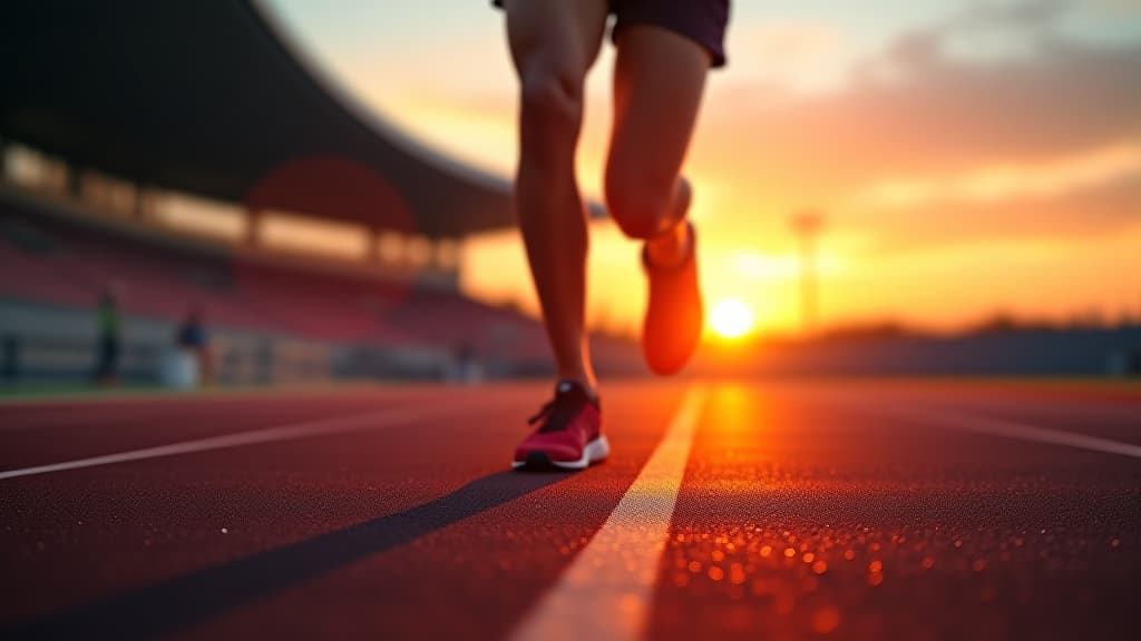  focus on running shoes of athletic runner training in stadium at sunset, preparing for sports competition, olympic games