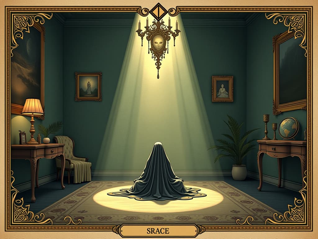  a shining space with clean, harmonious decor, untouched by darkness, peaceful figure basking in the light, sense of untainted tranquility. an illustration in the style of a worn, mystical old tarot trump card, mysterious and elements of surrealism. the colors are muted, somber and eerie, but with contrast bring out an occult and esoteric vibe.