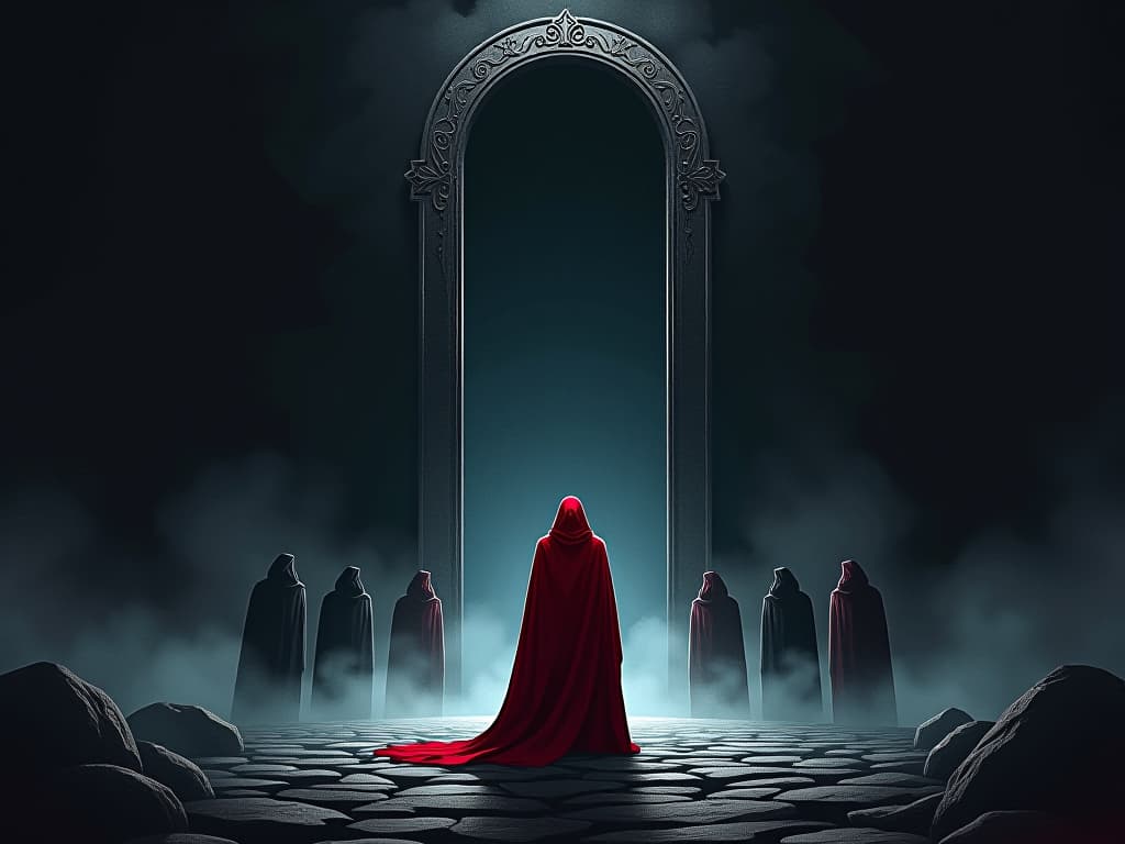  person in red robes, standing before a dark, ominous portal, reflecting on the impact of their actions, shadows looming. the style is digital art illustration / modern comic book / graphic dark novel fantasy and mysterious occult, symbolic, moody lighting, esoteric vibe,high detail on character design. for the color scheme emphasize blacks and reds.