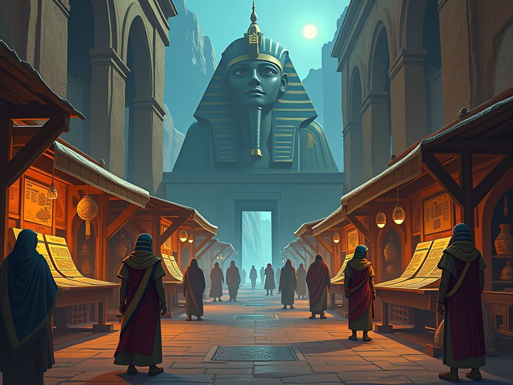  ancient marketplace with unfamiliar but vividly attractive stalls, representing potential for growth and stability in new ventures. the style is digital art illustration / modern comic book / mysterious occult, symbolic, esoteric vibe,high detail on character design, incorporating ancient egyptian symbology and attire.