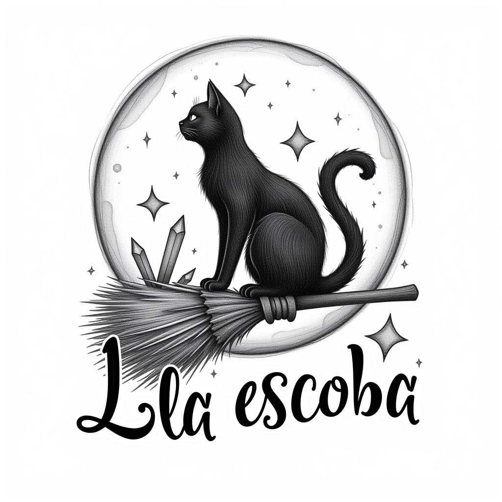  design a logo, in a pencil style. witchy, cat silhouette on broom, crystals, moon , with the text 'la escoba '.