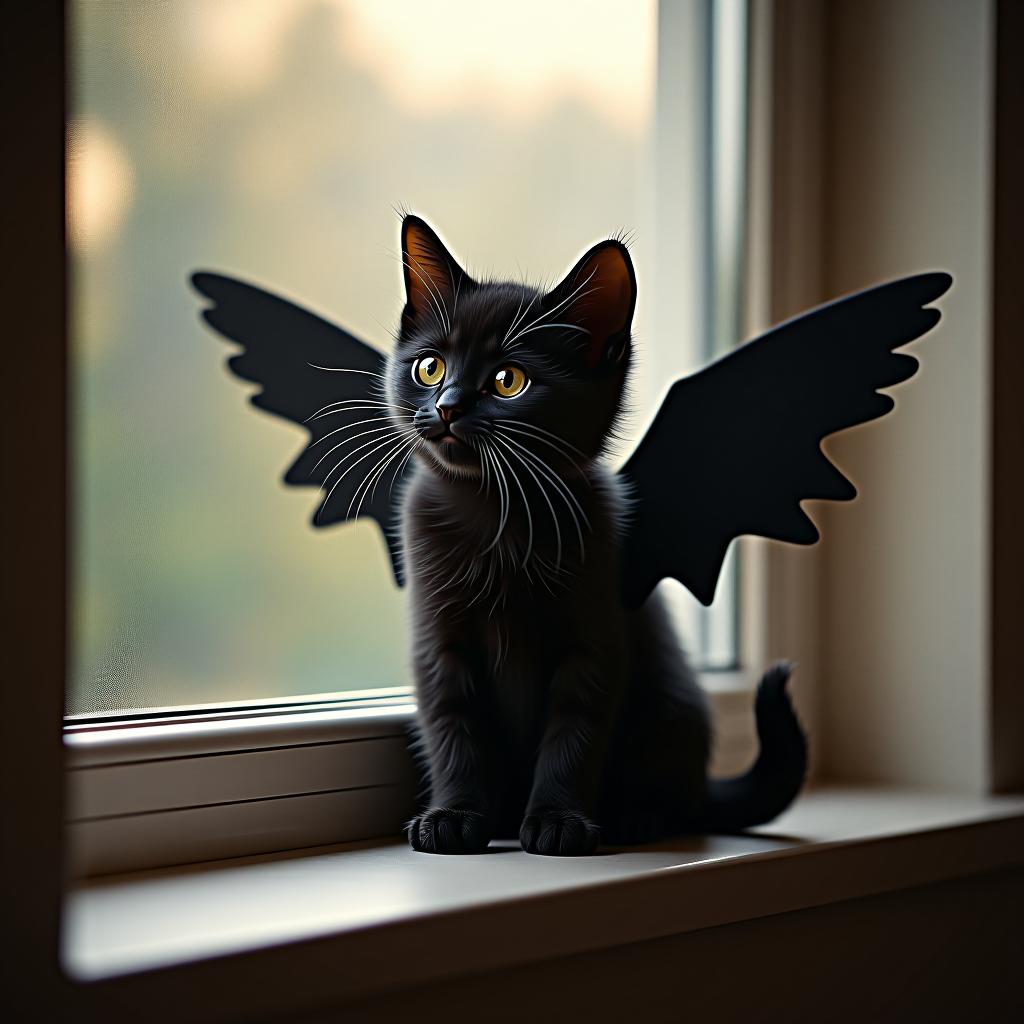  a little black kitten with wings is sitting on the windowsill.