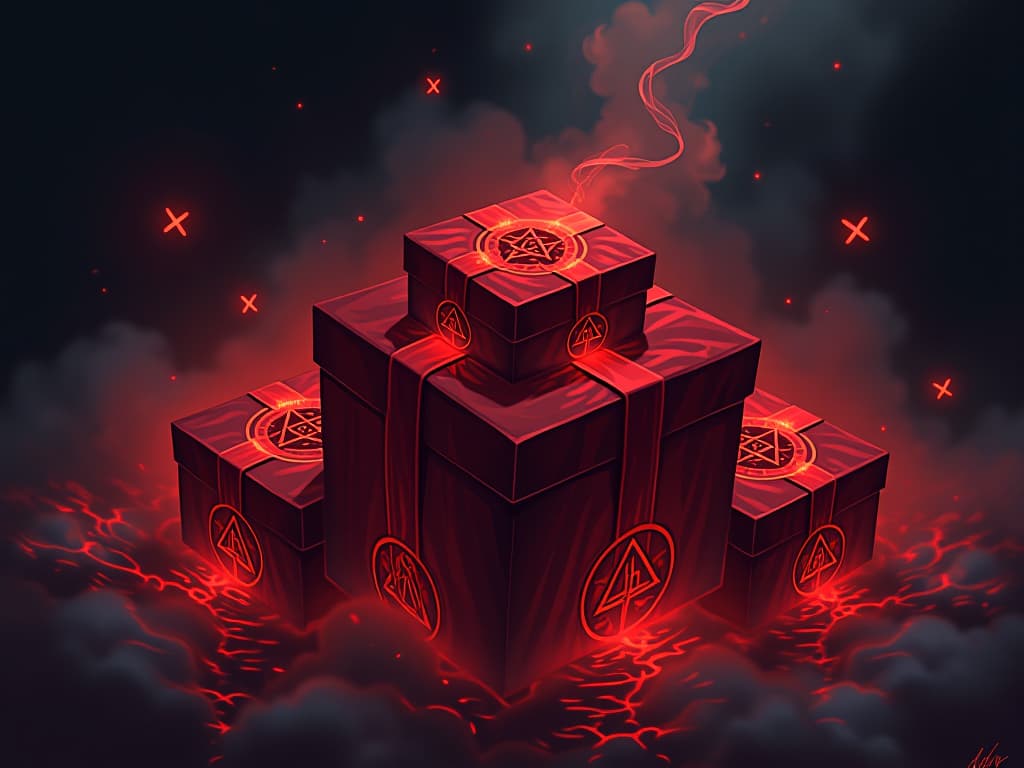  beautiful yet ominous gift boxes wrapped in red, celestial sigils glowing faintly, dark mist swirling around, deceptive allure. the style is digital art illustration / modern comic book / graphic dark novel fantasy and mysterious occult, symbolic, moody lighting, esoteric vibe,high detail on character design. for the color scheme emphasize blacks and reds.