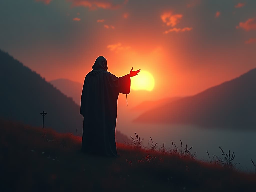  a robed figure standing at the dawn of a new day, the first rays of sunlight breaking through the mist. the figure reaches out towards the light, symbolizing hope. the landscape is lush, with the promise of growth ahead. colors of dawn, reflective mood, hopeful atmosphere.. the style is dark fantasy and mysterious occult, symbolic, moody lighting, esoteric vibe,high detail on character design. for the color scheme emphasize blacks and reds.