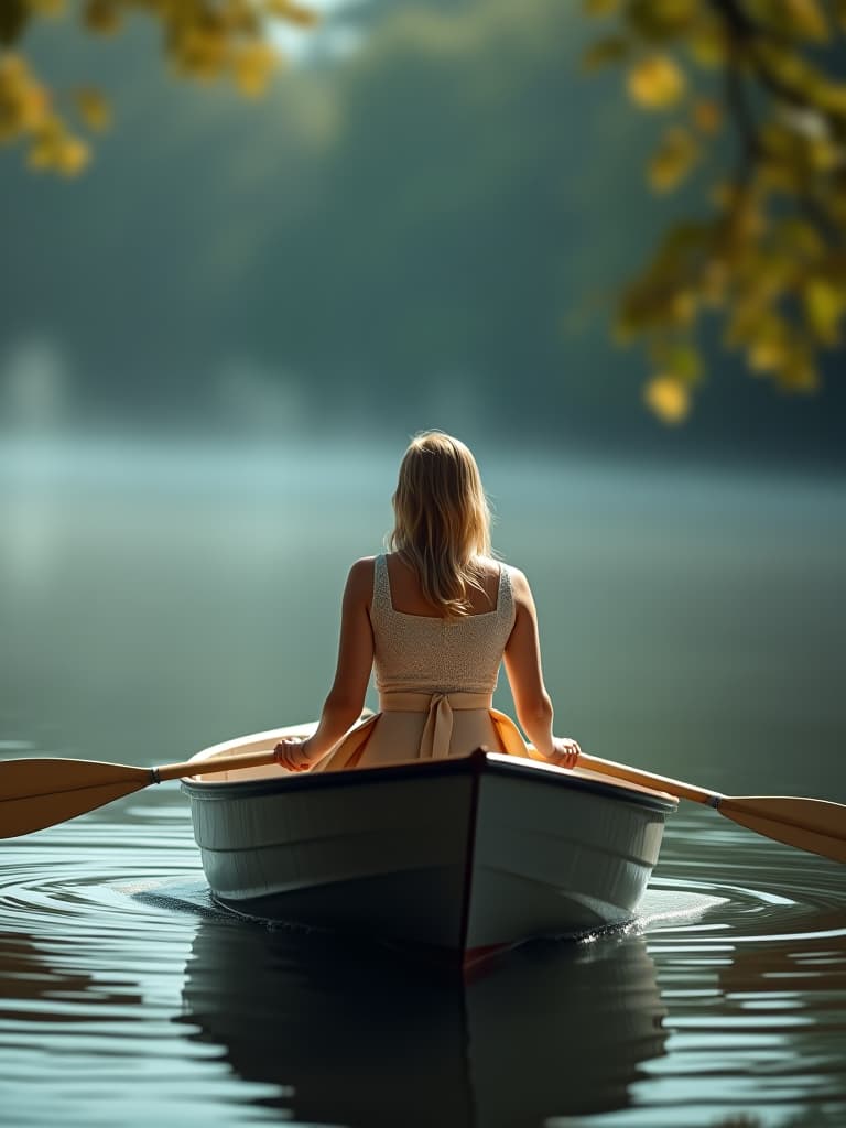  a lady is riding a boat on the pond. hyperrealistic, full body, detailed clothing, highly detailed, cinematic lighting, stunningly beautiful, intricate, sharp focus, f/1. 8, 85mm, (centered image composition), (professionally color graded), ((bright soft diffused light)), volumetric fog, trending on instagram, trending on tumblr, HDR 4K, 8K