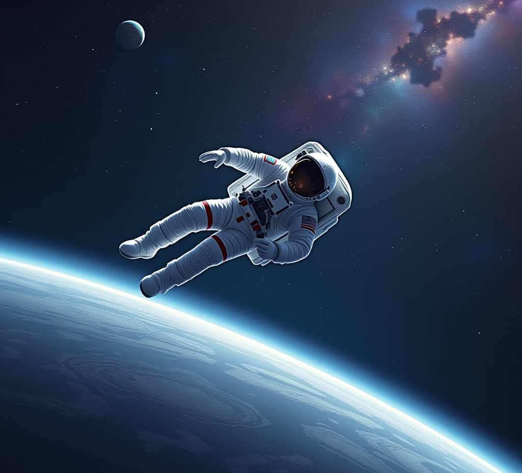  astronaut floating in weightlessness of space surrounded by stars and planets realistic uhd illustration