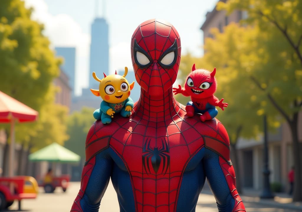  a version of spider man, around 1., stands heroically in the center of the image, surrounded by two tiny colorful monsters who are ly interacting with him. spider man is in his clic red and blue suit, his mask slightly tilted, part of his cheek. one monster is sitting on spider man's shoulder, grinning mischievously, while the other is hanging upside down from a spider web, swinging beside him. the background is a vint, colorful city park, with bright green trees, a playground, and the city skyline visible in the distance. the sunlight es the scene in a warm, golden glow, giving a joyful and adventurous atmosphere. spider man and the monsters are the focal points, with their expr