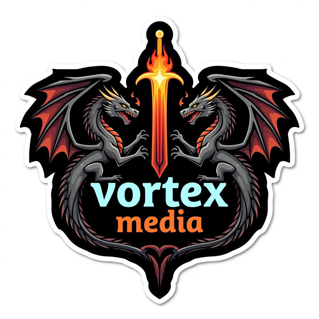  design a logo, custom sticker design on an isolated black background decorated by mythical dragons and a flaming sword, with the text 'vortex media'.