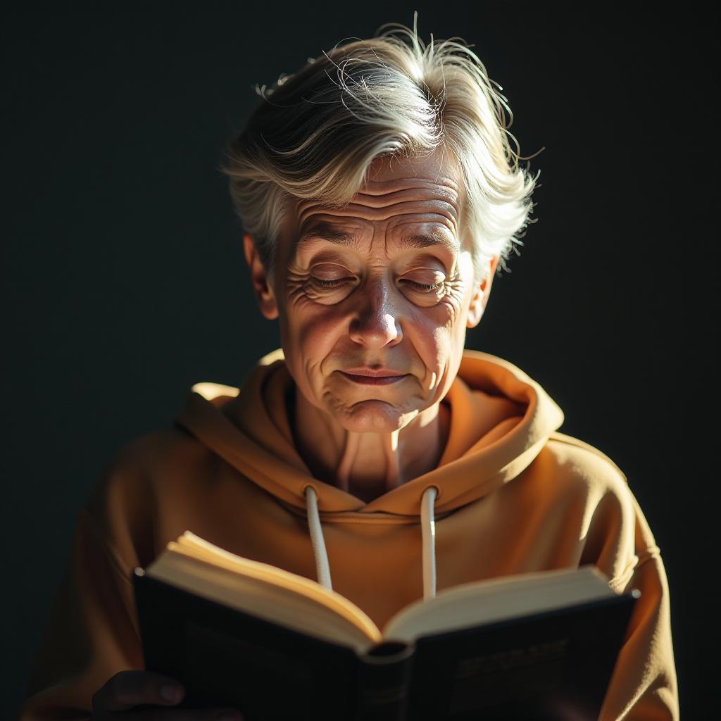  background image: a person squinting from bright light or trying to read a book, illustrating the difficulties caused by cataracts. hyperrealistic, full body, detailed clothing, highly detailed, cinematic lighting, stunningly beautiful, intricate, sharp focus, f/1. 8, 85mm, (centered image composition), (professionally color graded), ((bright soft diffused light)), volumetric fog, trending on instagram, trending on tumblr, HDR 4K, 8K