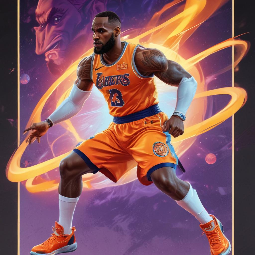 distance-shot, flashy, full-body, dynamic, holographic, animated cartoon poster of lebron james in the style of dragon ball super