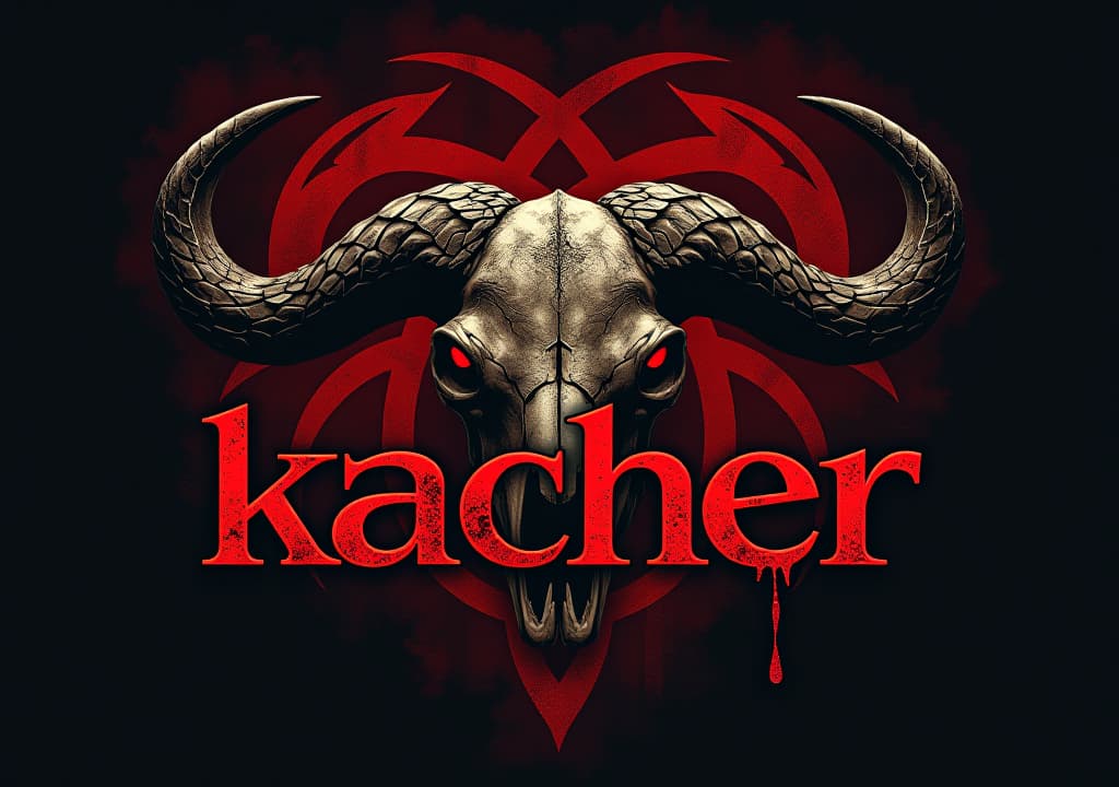  a dark art, street style logo with typography text "kacher", rock feeling, vintage, background is a evil buffalo skull, satan symbol, 666, red eyes, bloody, low contrast, low saturation, cinematic lightinghyper detail, intricate details, sharp focus, high resolution, 8k, ultra detailed, vib