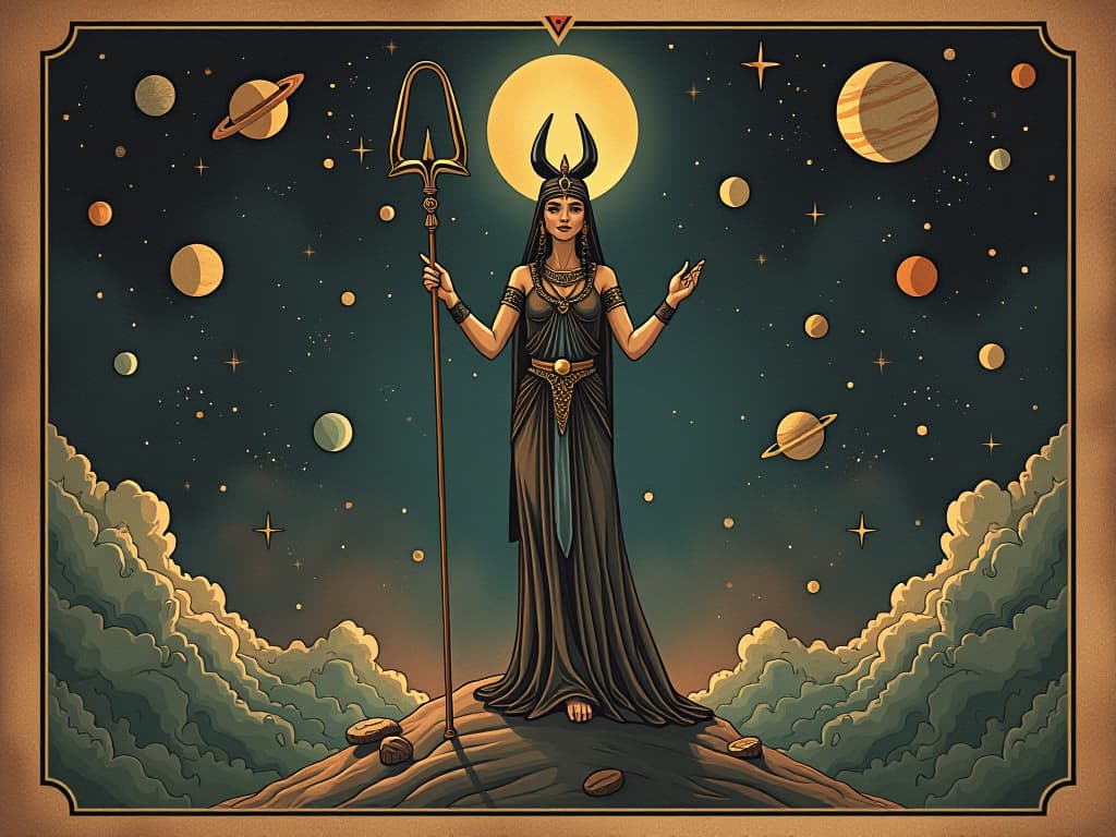  isis standing on a cosmic background, planets and stars, hands holding an ankh and a staff, celestial navigation, mystic and powerful. an illustration in the style of a worn, mystical old tarot trump card, mysterious and elements of surrealism. the colors are muted, somber and eerie, but with contrast bring out an occult and esoteric vibe.