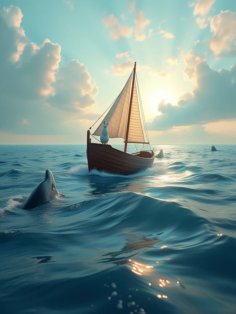  the small boats are moving slowly on the surface, and the lovely little whales follow the small boats to the deeper sea. the little white rabbits stood at the bow of the boat, with courage to guide the way, while the little whales were swimming in the water and gradually emerging from their plight. sunshine spills over the sea, water waves