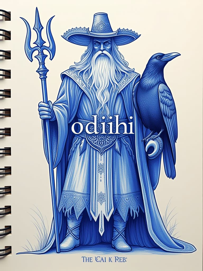  (intricate blue ballpoint pen sketch:1.3) of (odin:1.3) standing in a (school notebook:1.2) environment, showcasing his (one eyed features:1.2) and (full beard:1.1), topped with a (wide brimmed hat:1.3). he wields a (decorative staff:1.1) and is accompanied by (hugin and munin:1.2), his loyal ravens, elegantly positioned on either side. the artwork features a (flat drawing technique:1.3) with a (layered image effect:1.2) to create depth. the word “odhin” is boldly inscribed at the bottom center in a (celtic font:1.3), harmonizing with the norse theme.