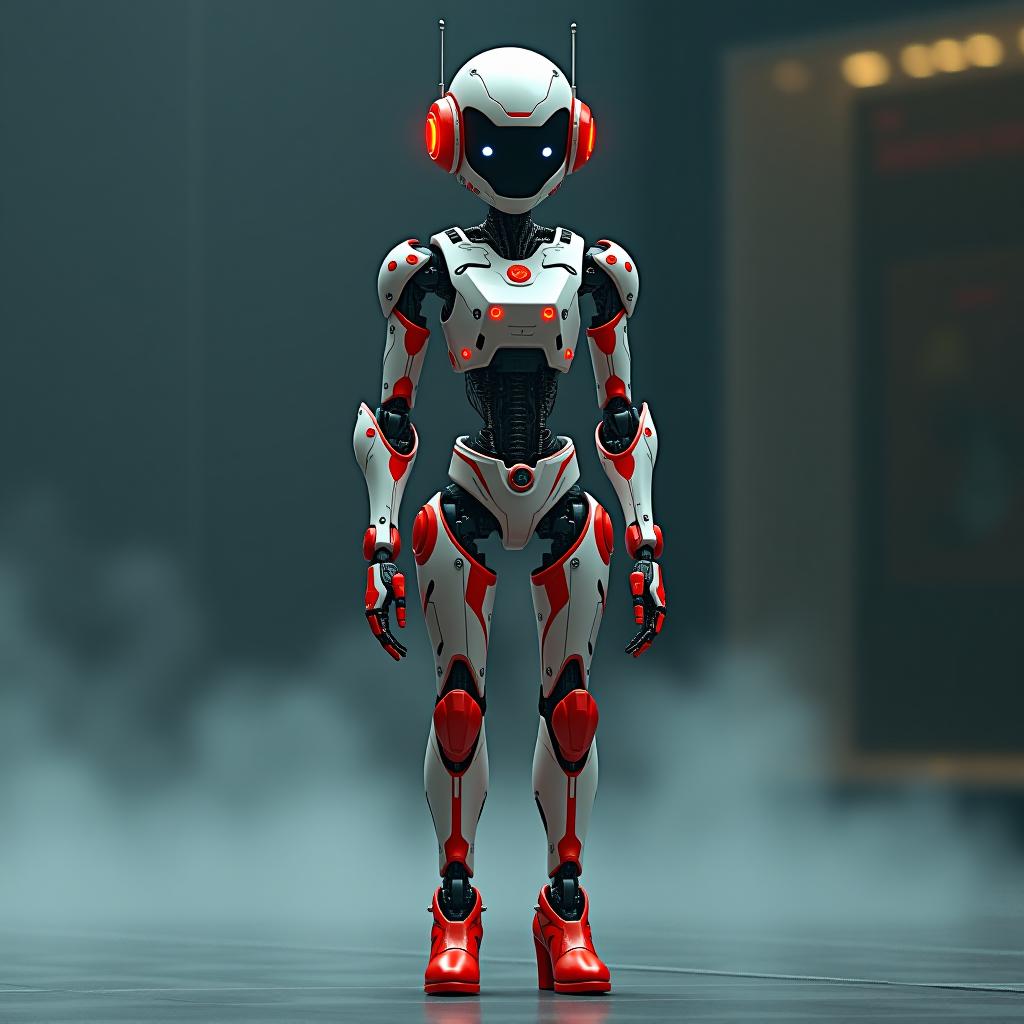  cybernetic robot a young with two red porridge long shoes with red shoes on high heels . android, ai, machine, metal, wires, tech, futuristic, highly detailed hyperrealistic, full body, detailed clothing, highly detailed, cinematic lighting, stunningly beautiful, intricate, sharp focus, f/1. 8, 85mm, (centered image composition), (professionally color graded), ((bright soft diffused light)), volumetric fog, trending on instagram, trending on tumblr, HDR 4K, 8K