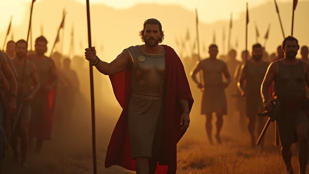  history of biblical times, gideon commanding the pursuit of the fleeing midianites, portraying leadership and the determination to finish the battle in the early morning light. hyperrealistic, full body, detailed clothing, highly detailed, cinematic lighting, stunningly beautiful, intricate, sharp focus, f/1. 8, 85mm, (centered image composition), (professionally color graded), ((bright soft diffused light)), volumetric fog, trending on instagram, trending on tumblr, HDR 4K, 8K