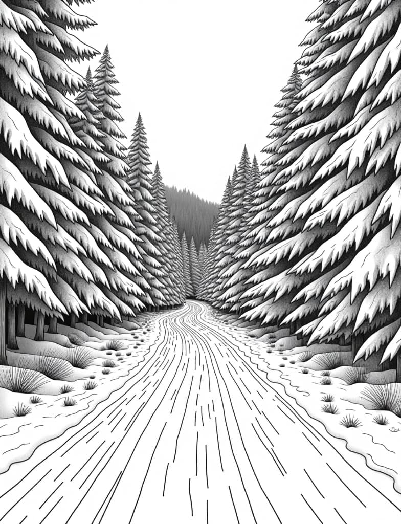  this is for an adult coloring page. a detailed black and white line art of a snowy snow covered road winding through a snowy forest on a solid white background.